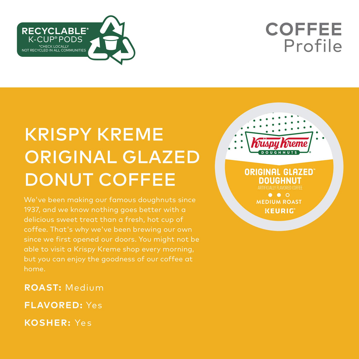Close-up of Krispy Kreme Original Glazed glaze with rising coffee steam in a mug.