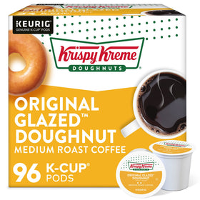 Krispy Kreme Original Glazed doughnut beside a Keurig cup for a cozy morning pairing.