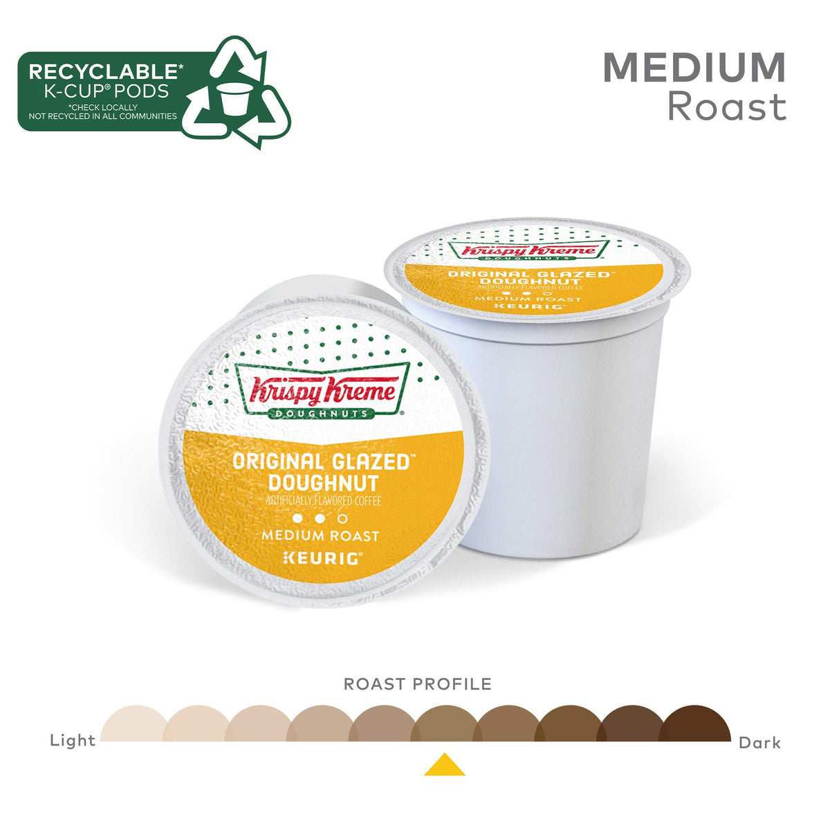 Recyclable Krispy Kreme K-Cup pods displayed with recycling guidance symbol.