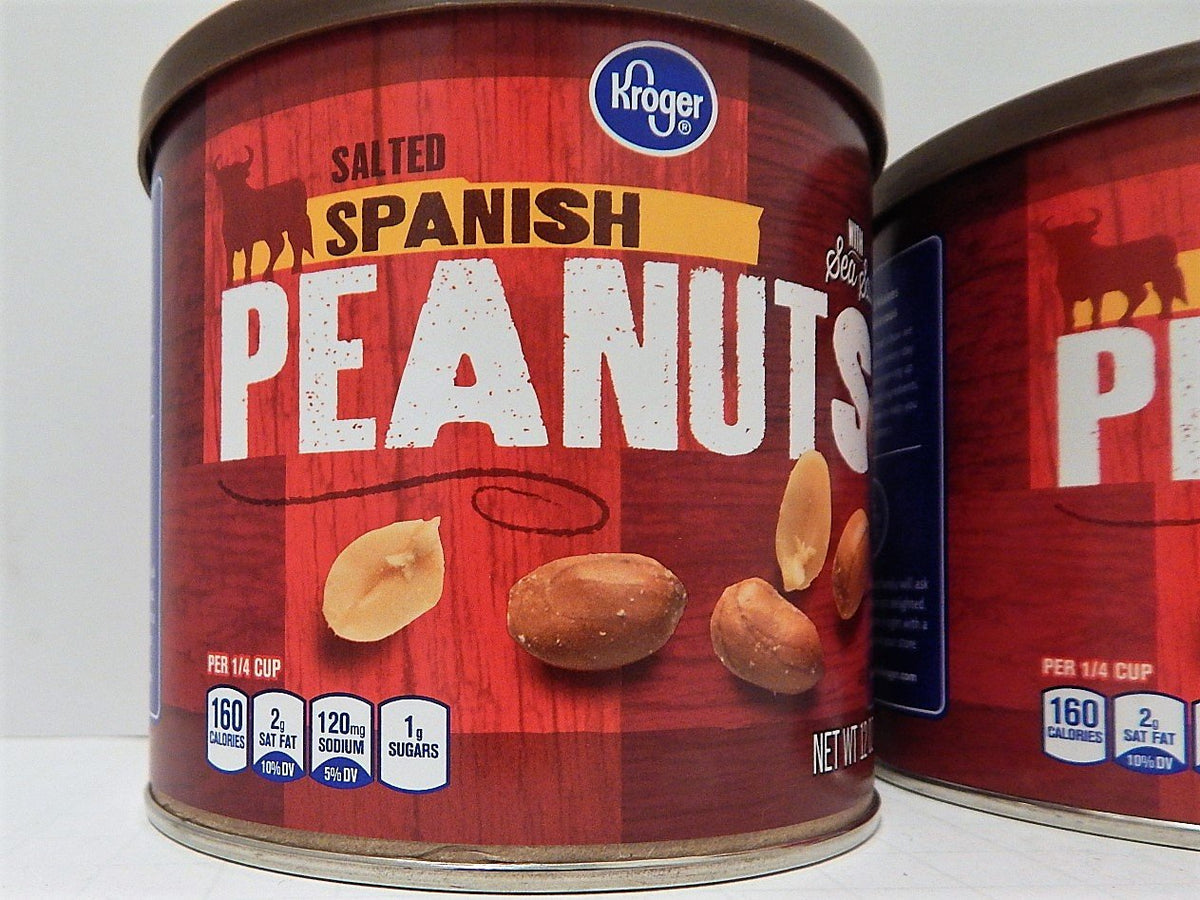 Kroger Salted Spanish Peanuts close-up shows sea salt crystals enhancing flavor.