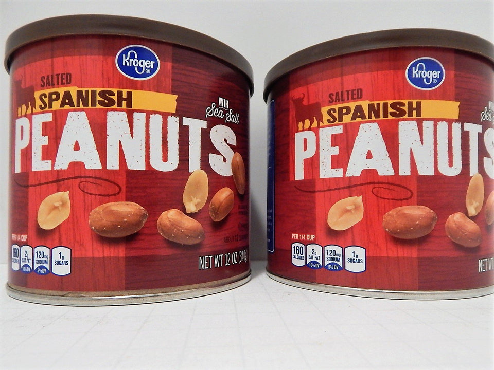 Kroger Salted Spanish Peanuts in a two-cans package, ideal for quick snacking.