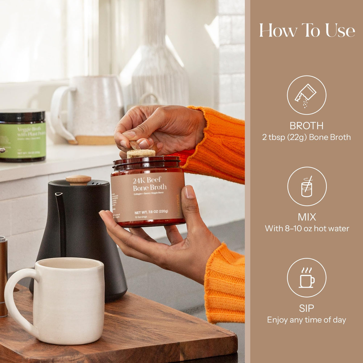 KROMA 24K bone broth powder dissolving in hot water to a savory cup