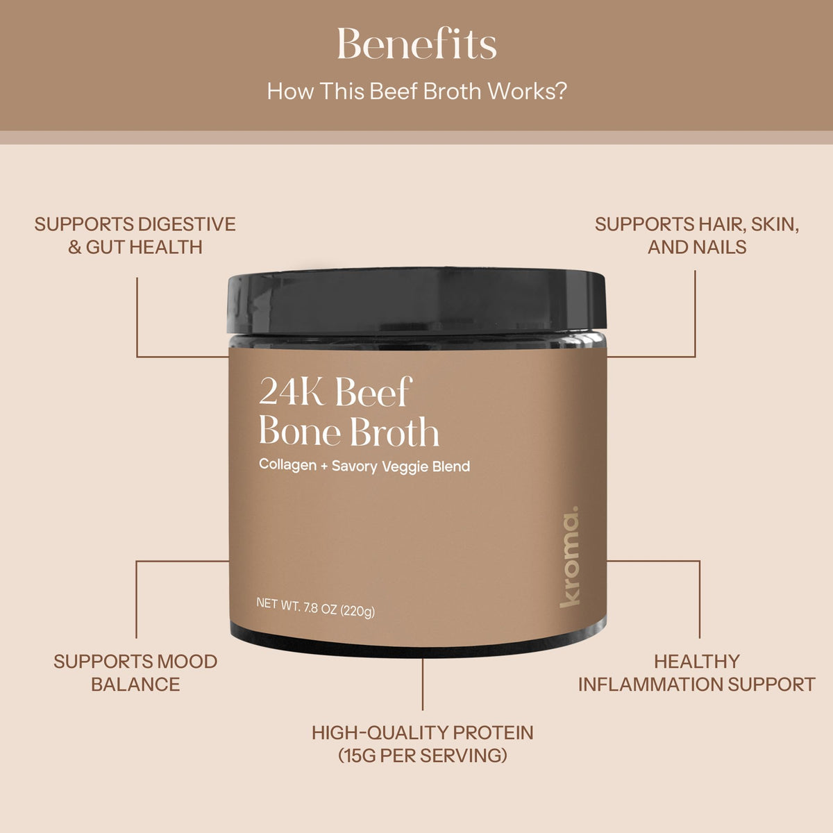 Glass of prepared KROMA 24K beef bone broth beside the jar
