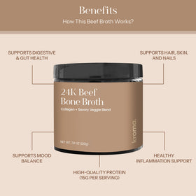 Glass of prepared KROMA 24K beef bone broth beside the jar