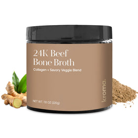 KROMA 24K beef bone broth powder jar on countertop for protein-rich meals