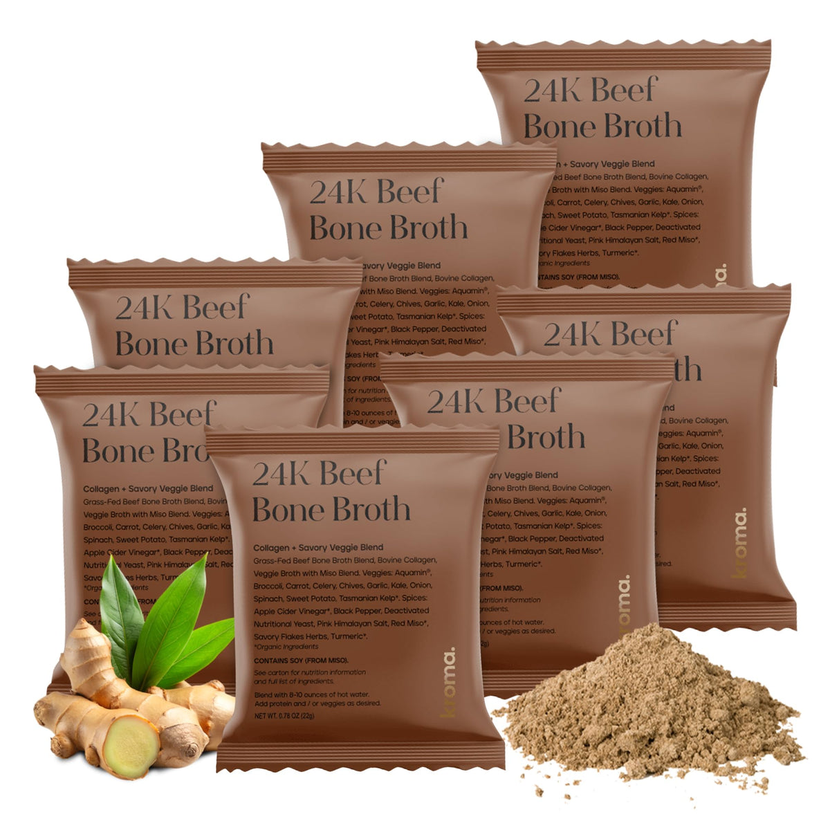 KROMA 24K beef bone broth packaging highlighting convenient gluten-free protein for daily meals