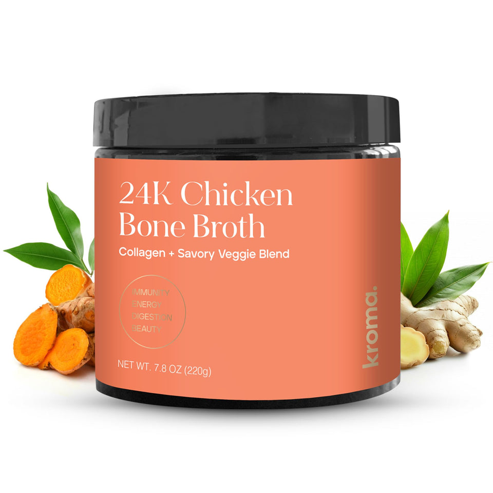 KROMA 24K bone broth powder jar showing organic protein for daily wellness.