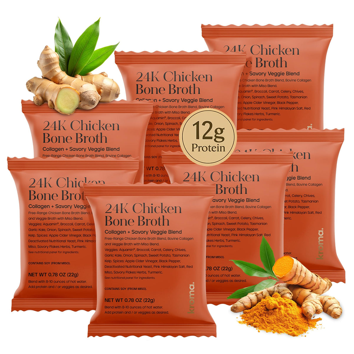 KROMA 24K chicken bone broth powder packaging highlighting organic ingredients