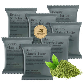 Kroma Beauty Matcha Latte container on a clean counter, ceremonial-grade powder visible, for glowing skin support.