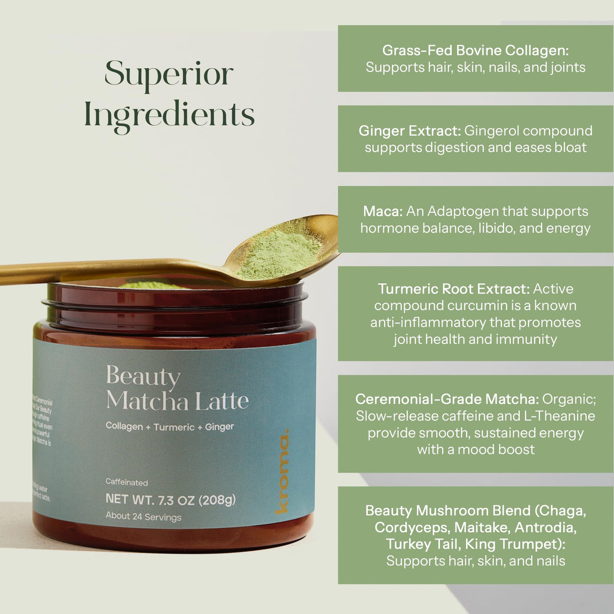 Kroma Beauty Matcha Latte ginger-turmeric blend adds warming aroma.