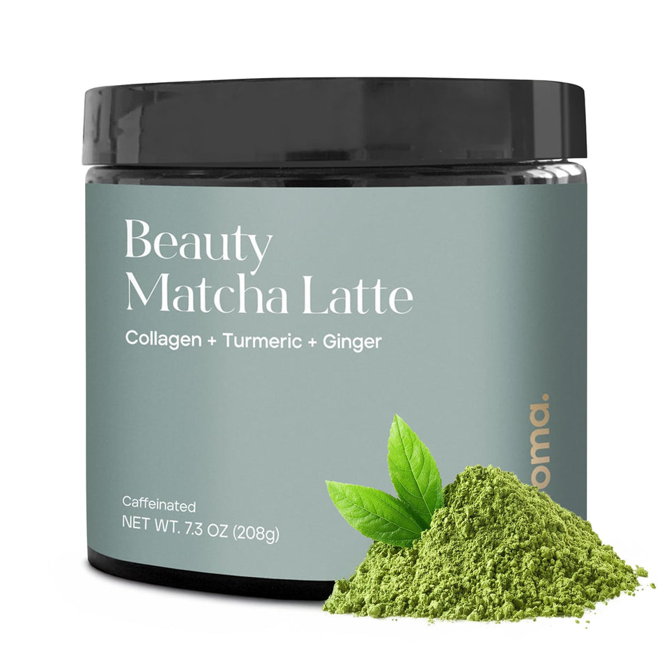 Kroma Beauty Matcha Latte jar label highlights ceremonial-grade matcha with collagen for radiant skin.