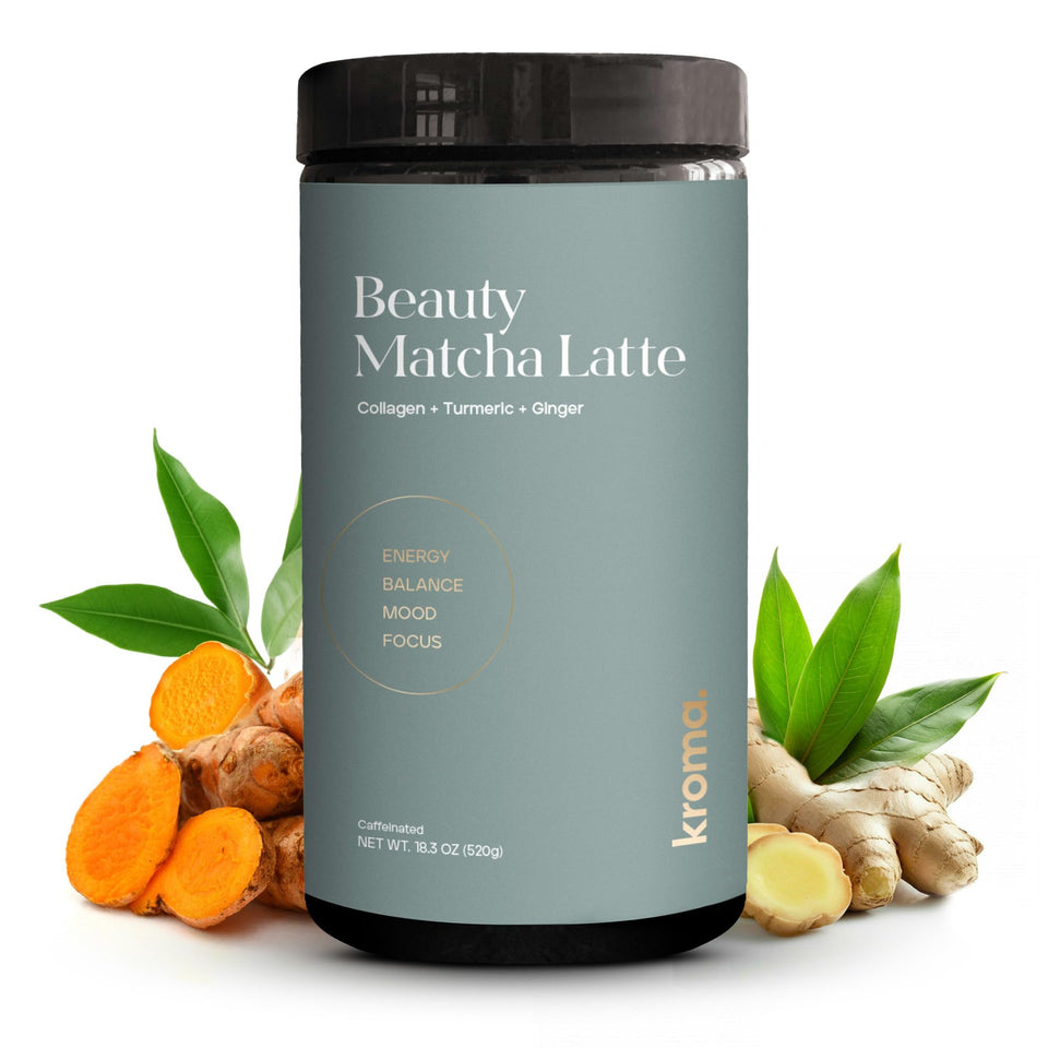 KROMA Matcha Latte Powder bottle on counter promotes calm energy for daily rituals