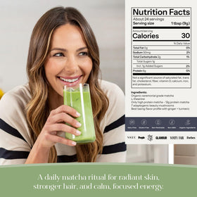 Kroma Beauty Matcha Latte scoop beside a cup, signaling protein-rich mix for sustained energy.