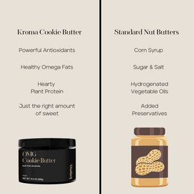 KROMA Cookie Butter plant protein powder close-up highlighting wholesome ingredients.