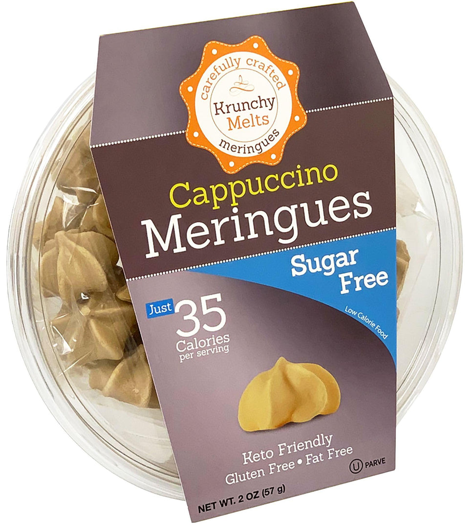 Krunchy Melts Original Sugar Free Meringue Cookies packaging for on-the-go snacking.