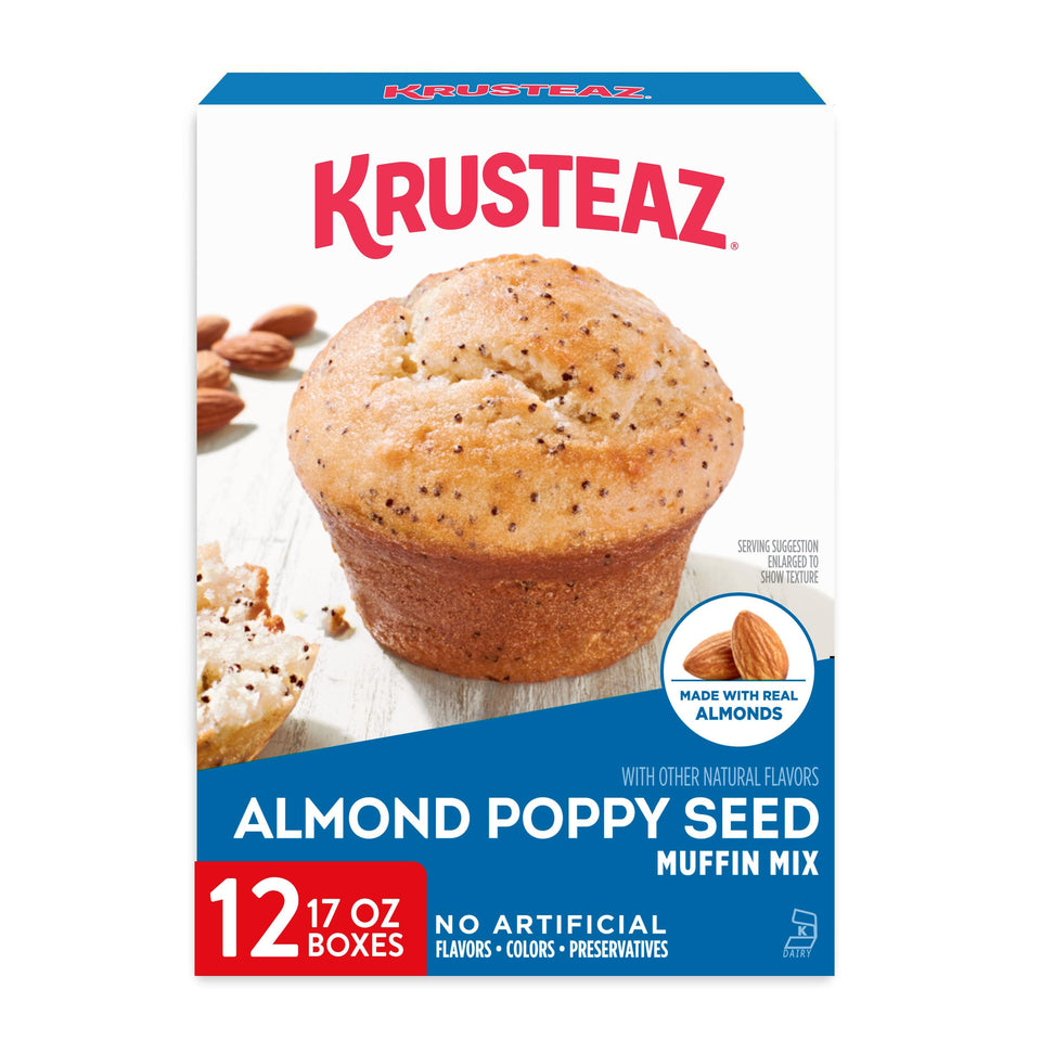 Krusteaz Almond Poppy Seed Muffin Mix box for quick, delicious muffins