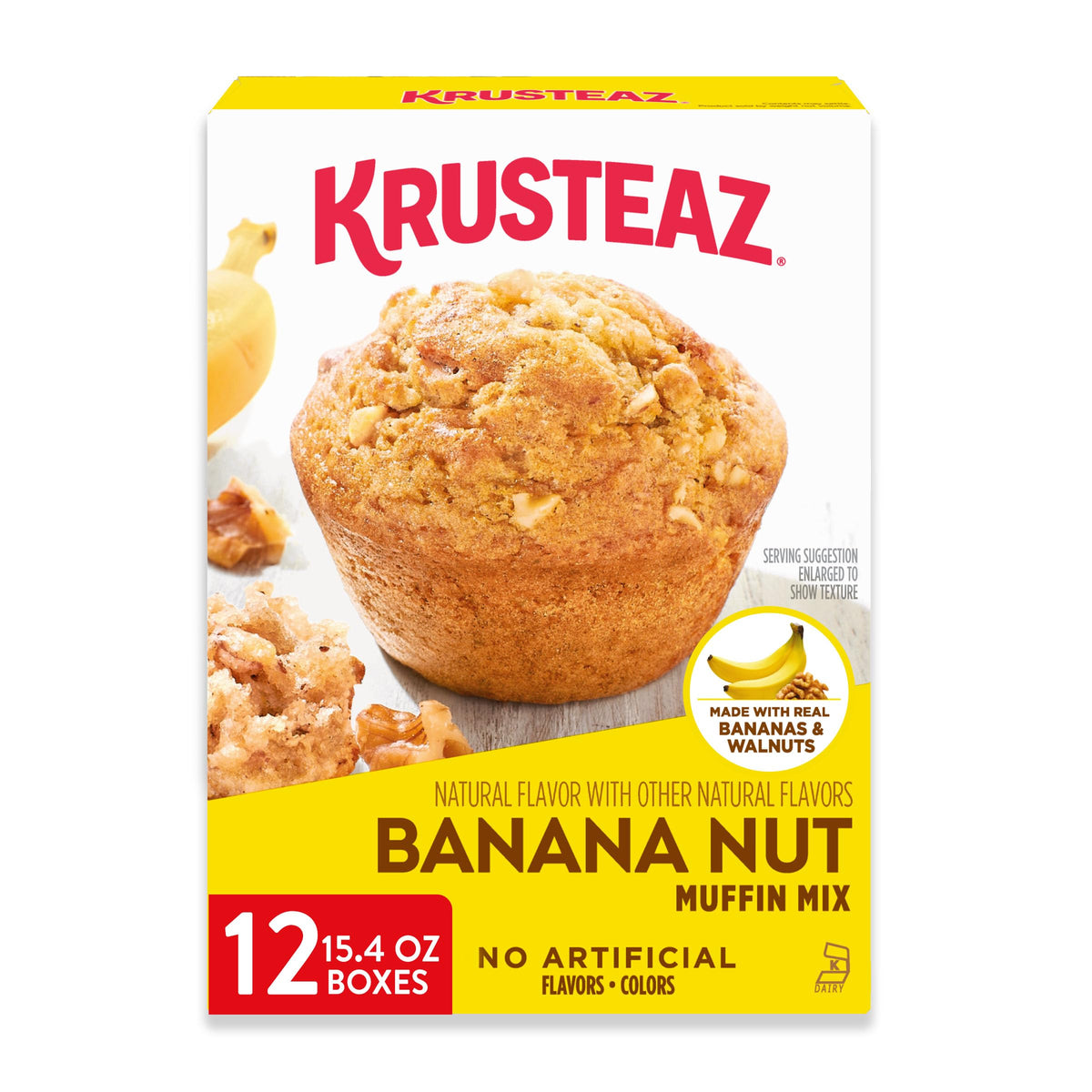 Krusteaz Banana Nut Muffin Mix box with real bananas and walnuts for easy baking.