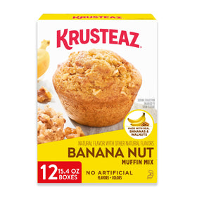 Krusteaz Banana Nut Muffin Mix box with real bananas and walnuts for easy baking.