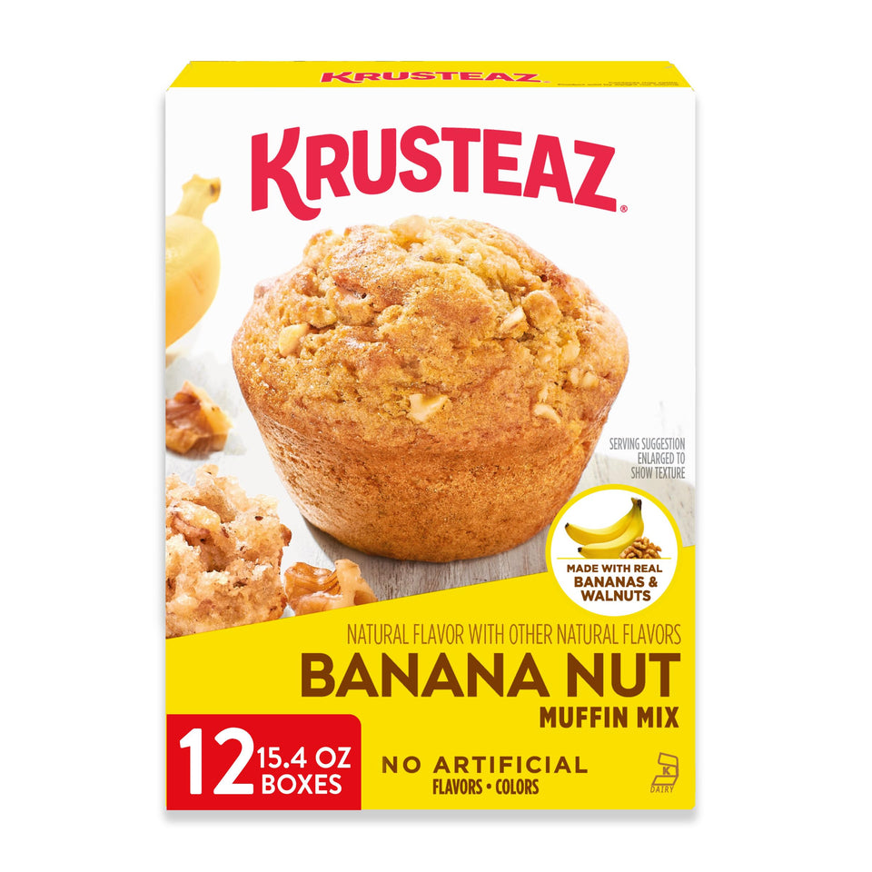 Krusteaz Banana Nut Muffin Mix box with real bananas and walnuts for easy baking.