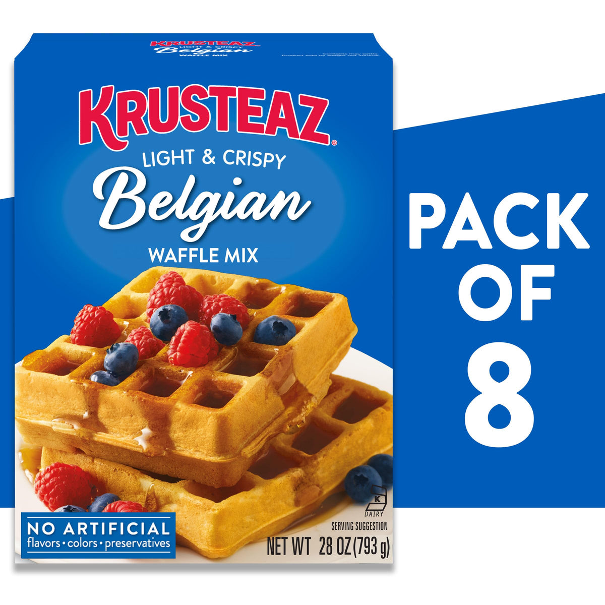 Pouring Krusteaz Belgian waffle mix batter for fast, golden waffles.