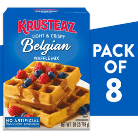Pouring Krusteaz Belgian waffle mix batter for fast, golden waffles.