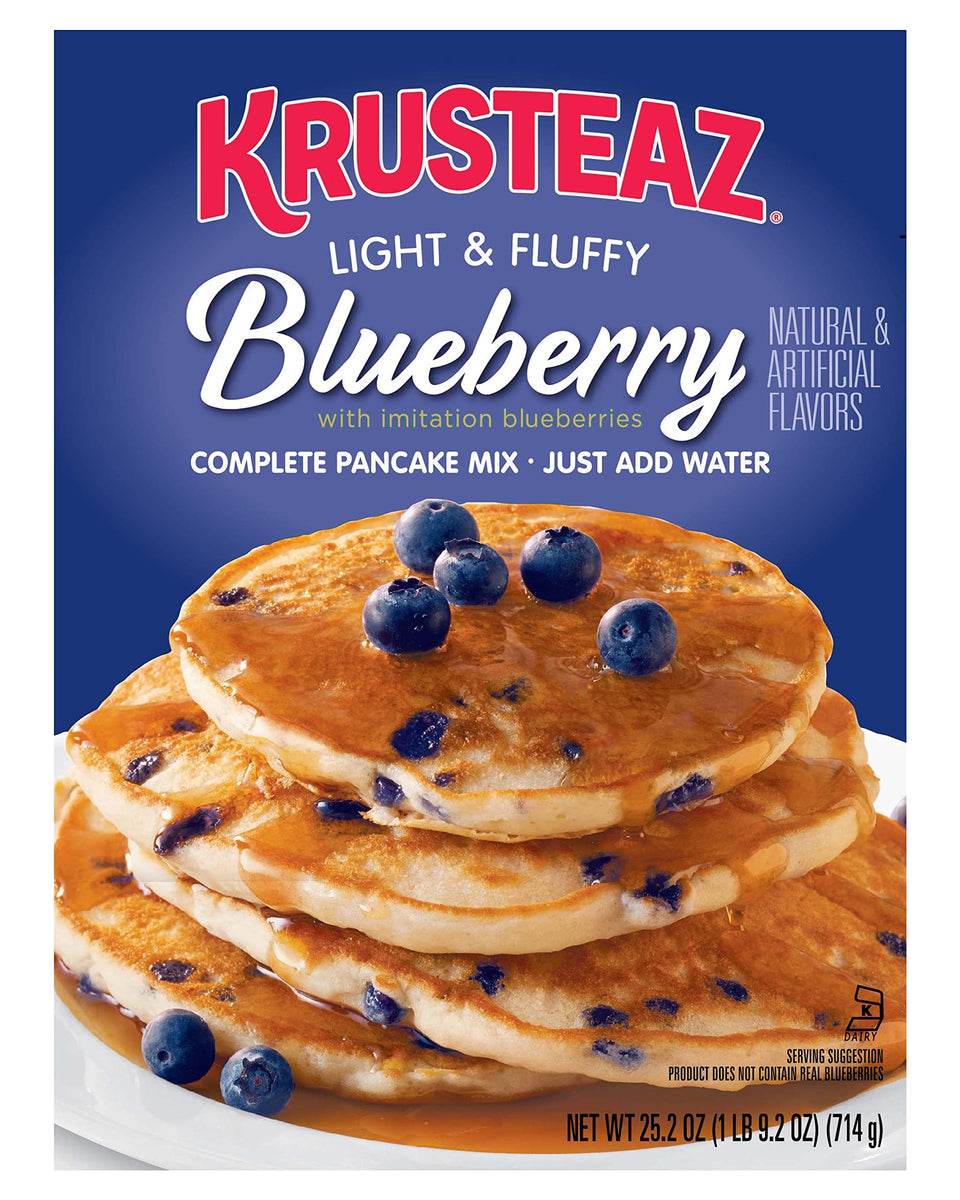 Krusteaz Blueberry Pancake Mix boxes ready for quick breakfast prep