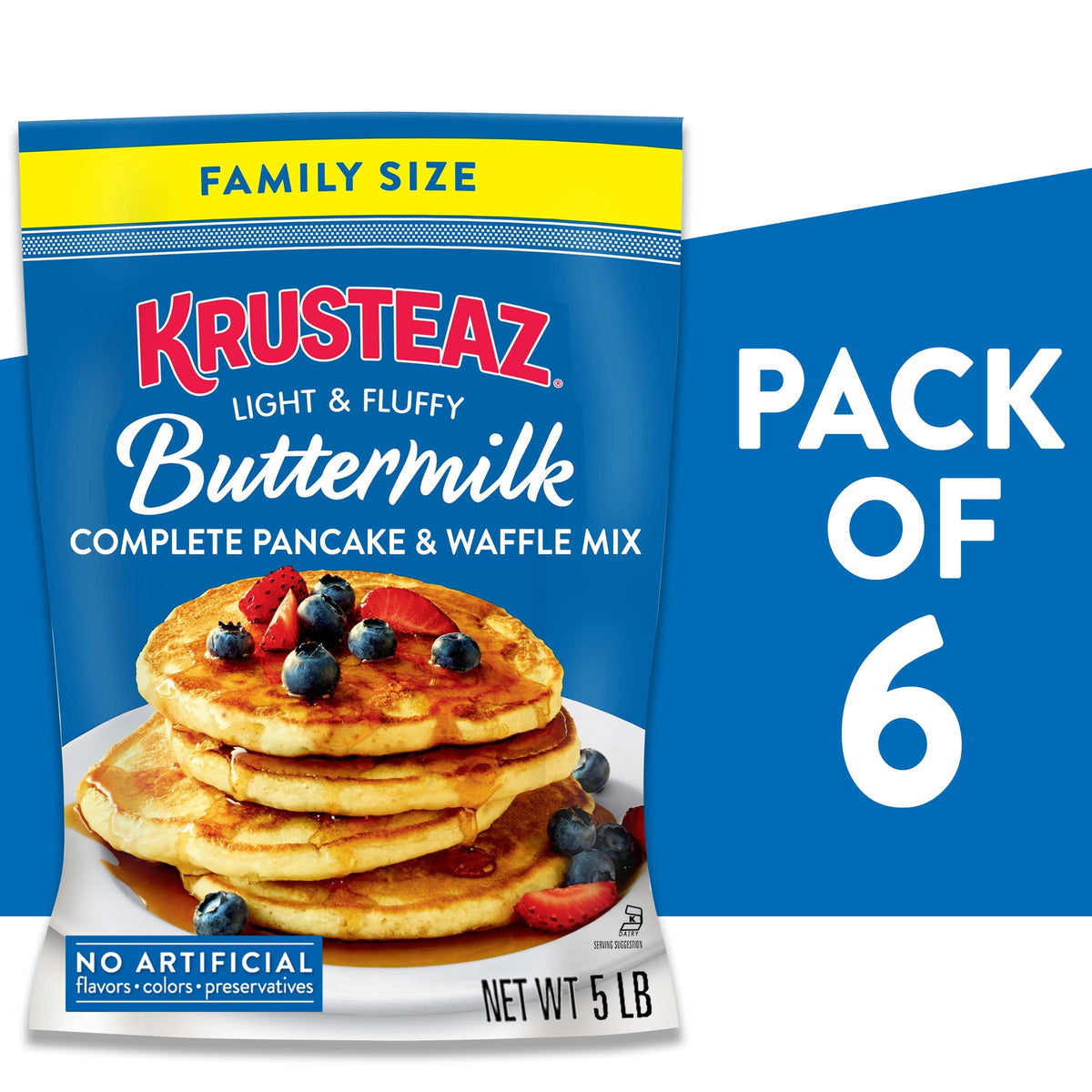 Krusteaz Complete Buttermilk Pancake Mix dry mix ready with water.