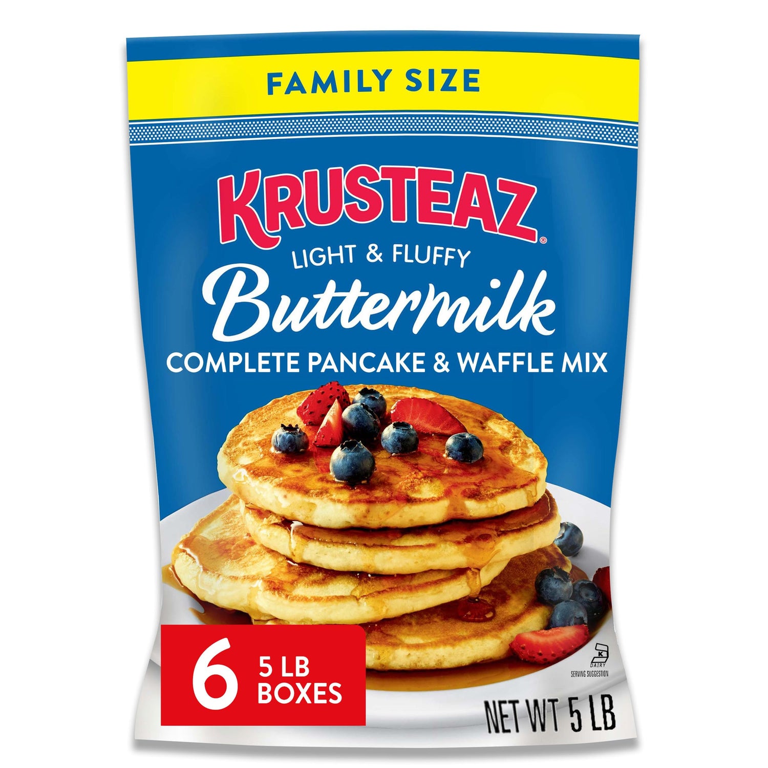 Krusteaz Complete Buttermilk Pancake Mix packaging for family-size convenience.
