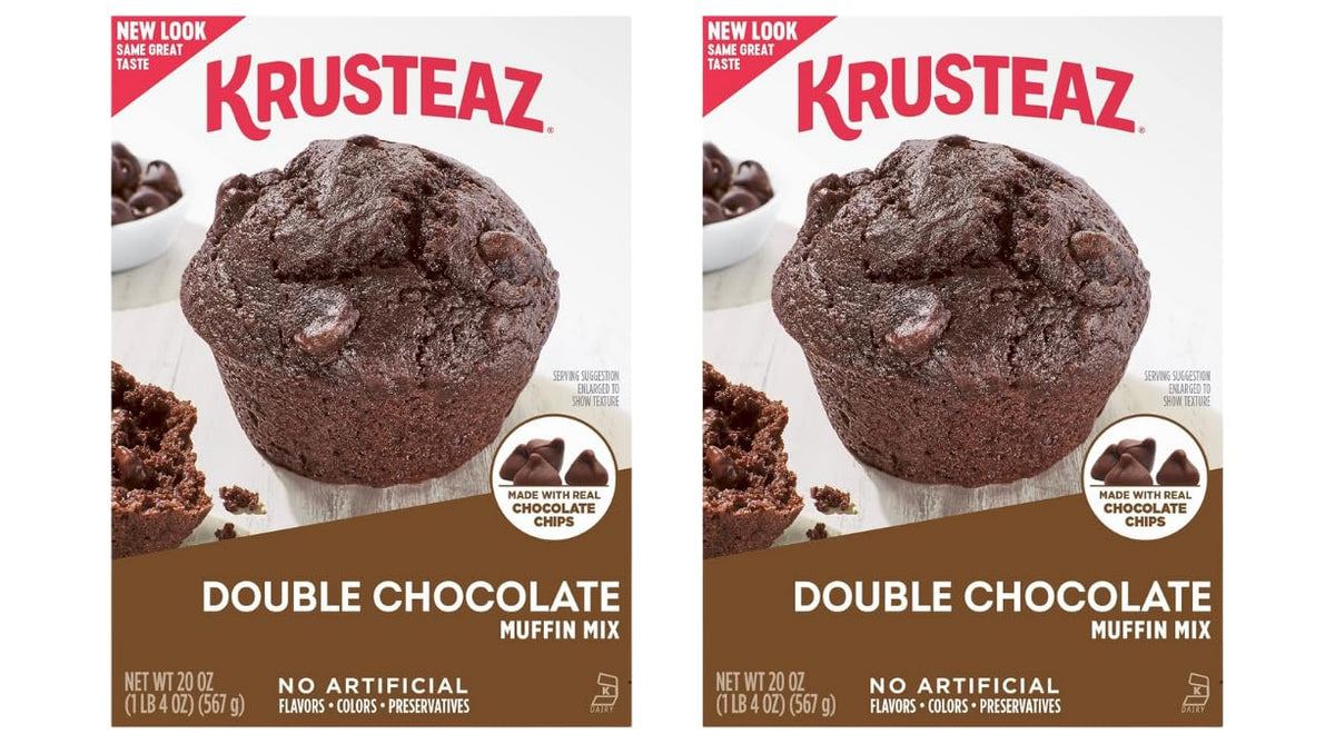 Krusteaz Double Chocolate Muffin Mix 2-pack boxes on the counter, convenient for quick treats.