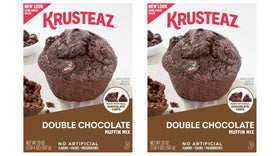 Krusteaz Double Chocolate Muffin Mix 2-pack boxes on the counter, convenient for quick treats.