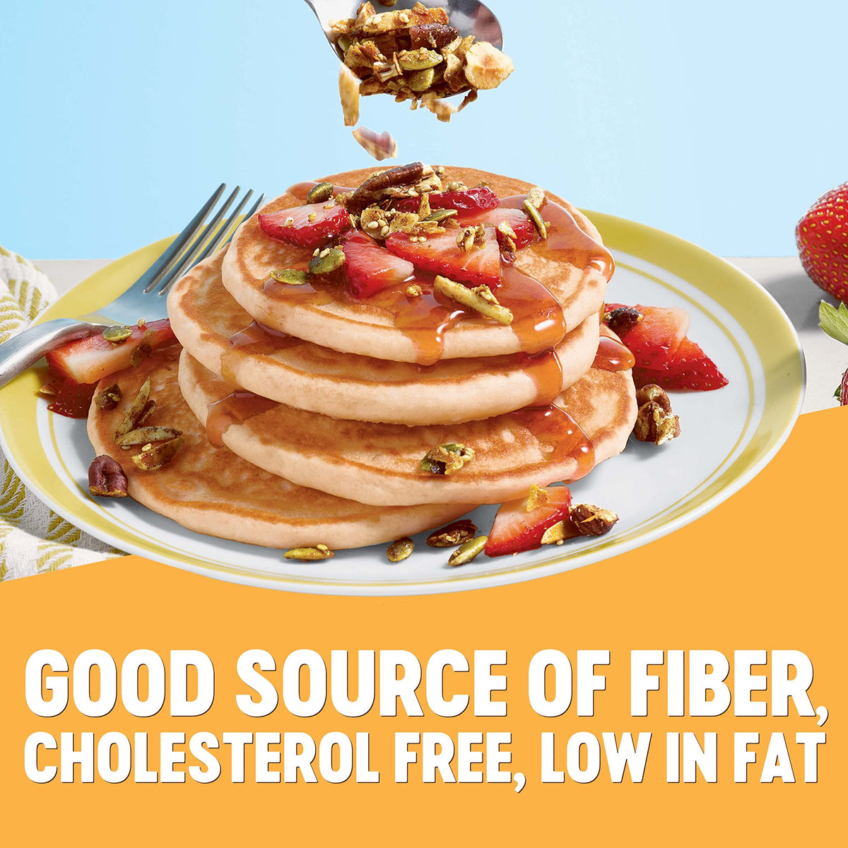 Krusteaz fluffy pancakes stack with golden brown edges.