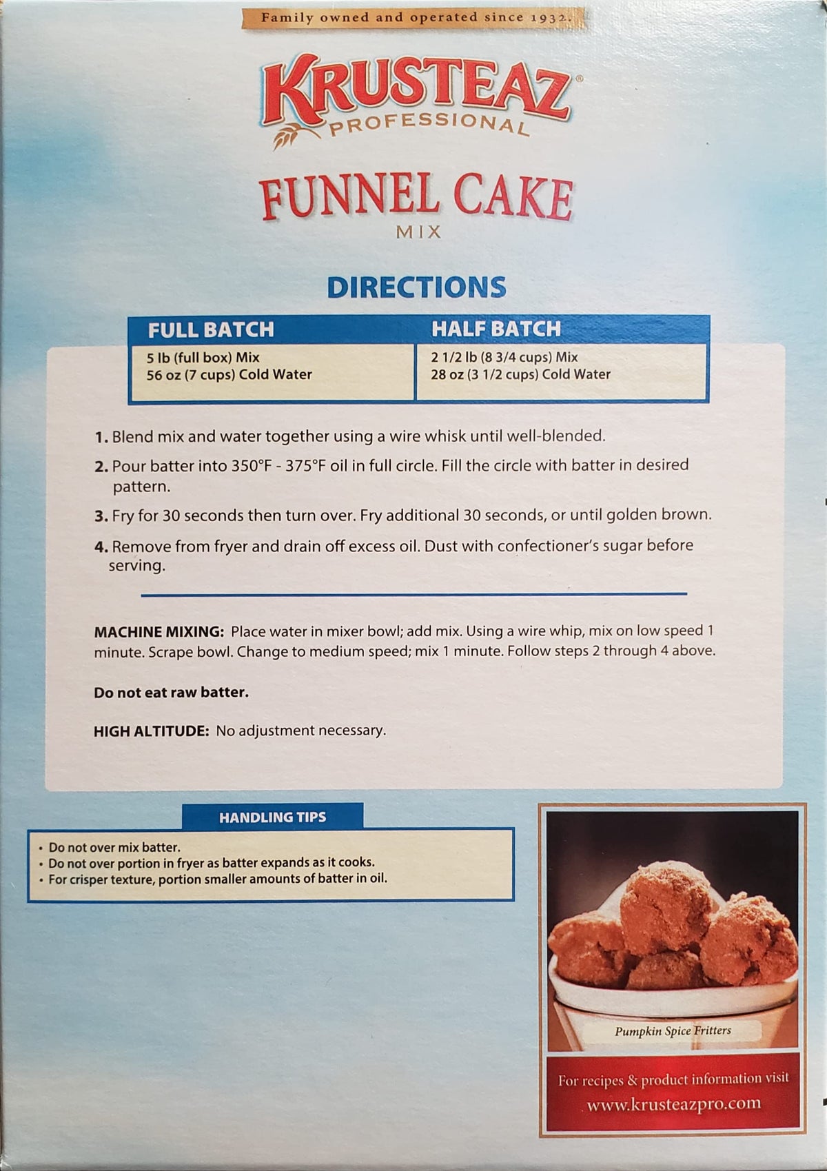 Krusteaz funnel cake mix easy-prep label for quick kitchen batches.