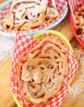 Krusteaz funnel cake mix serving-sugar ideas with toppings.