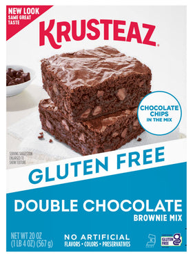 Krusteaz brownie batter pouring for fudgy gluten-free results