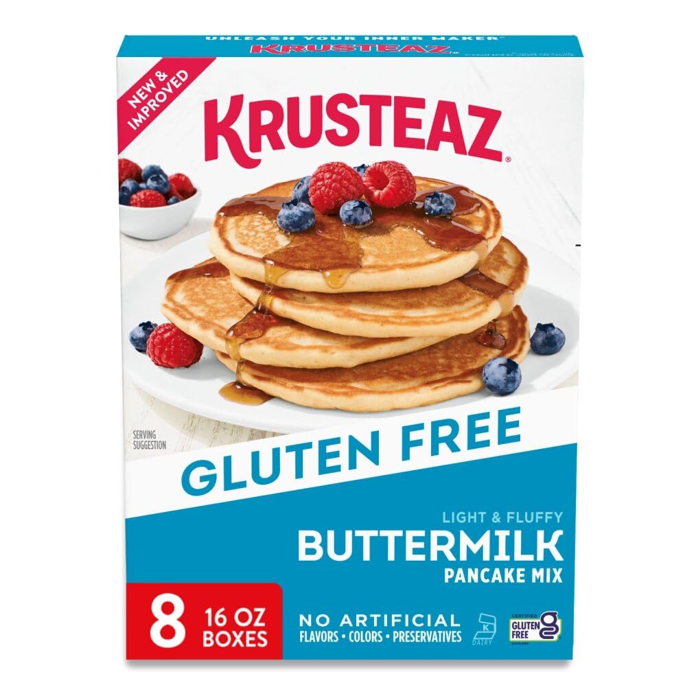 Krusteaz gluten-free buttermilk pancake mix box front, convenient gluten-free breakfast option.