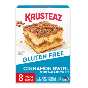 Krusteaz gluten free cinnamon swirl crumb cake pack eight on kitchen counter.