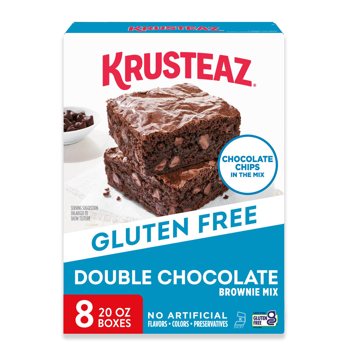 Krusteaz gluten-free double chocolate brownie mix packaging with an eight-box pack for quick baking.