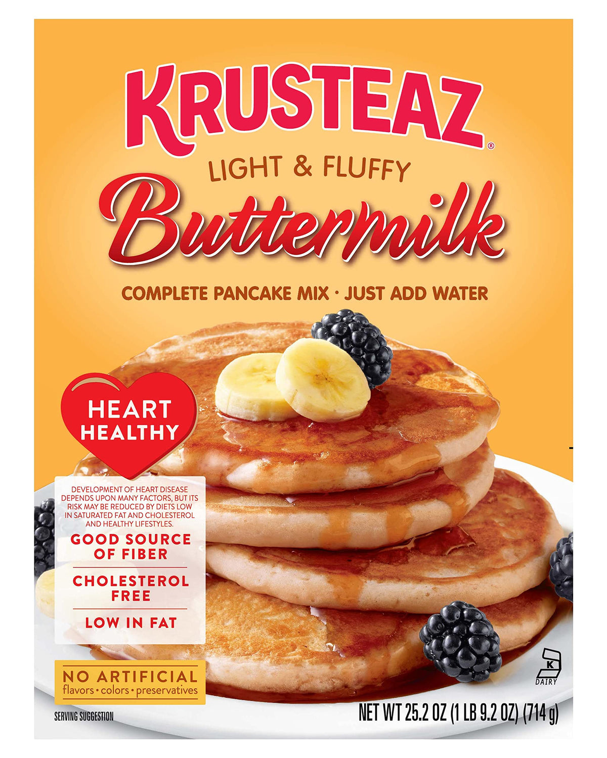 Krusteaz Heart Healthy Pancake Mix boxes in a two-pack on the shelf for quick mornings.