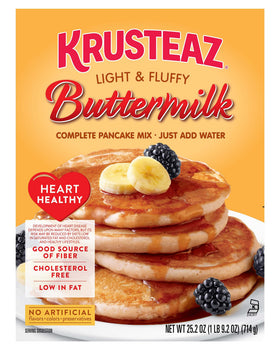 Krusteaz Heart Healthy Pancake Mix boxes in a two-pack on the shelf for quick mornings.
