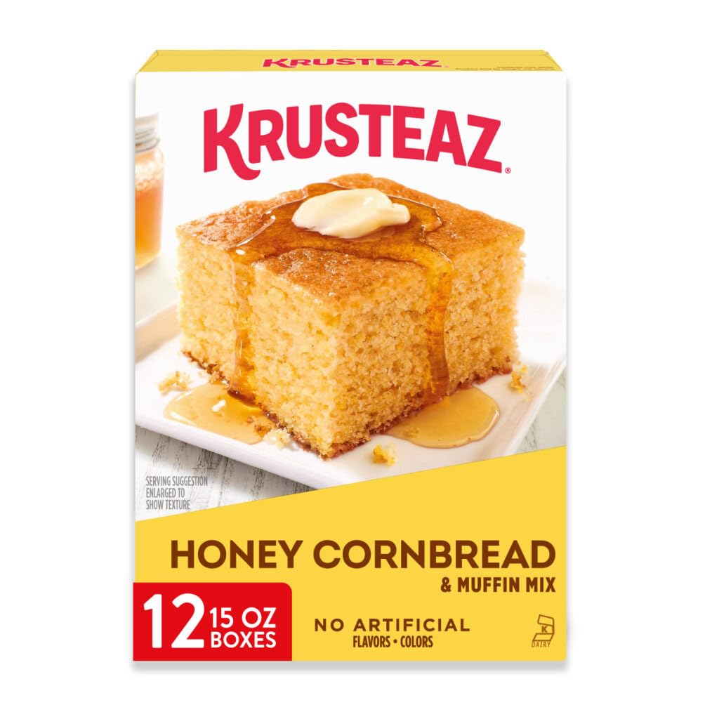 Krusteaz Honey Cornbread Mix packaging front, ideal family baking ready in minutes