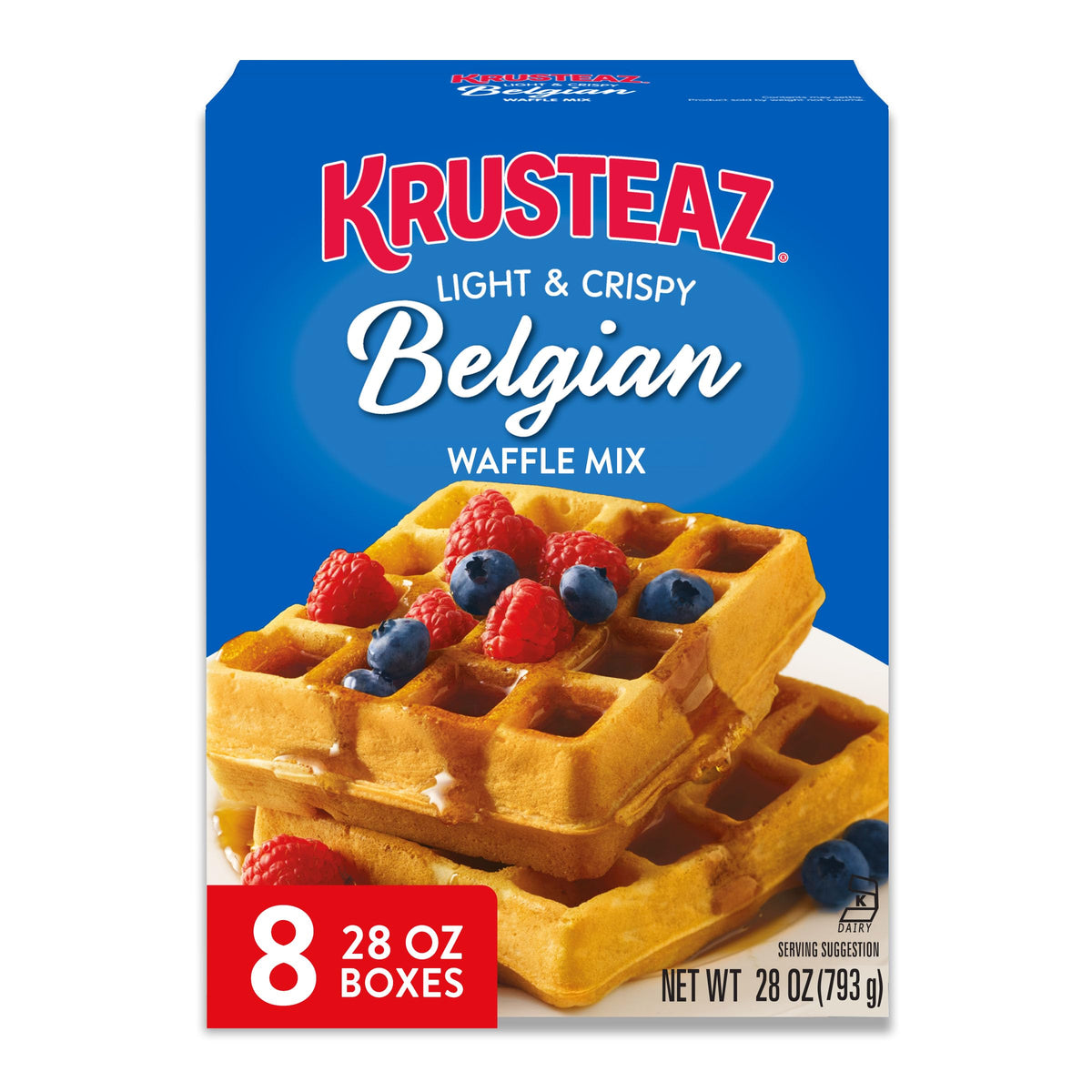 Krusteaz light and crispy Belgian waffle mix box front showcases quick breakfasts.