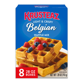 Krusteaz light and crispy Belgian waffle mix box front showcases quick breakfasts.
