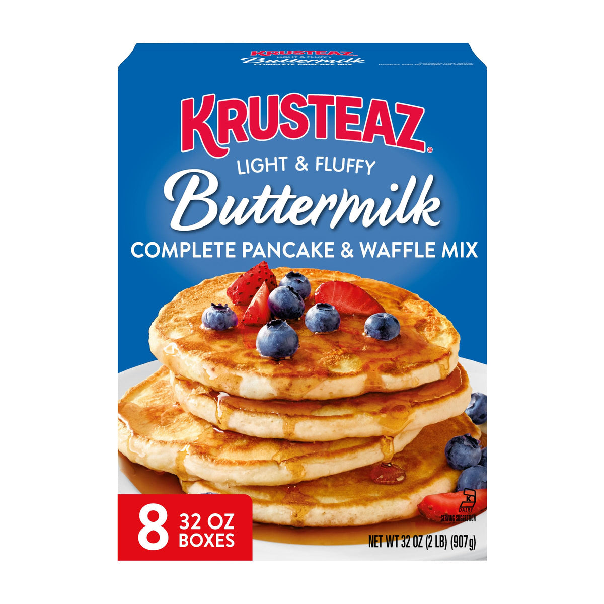 Krusteaz light and fluffy buttermilk pancake mix boxed for quick breakfasts.