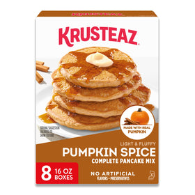 Krusteaz Light & Fluffy Pumpkin Spice Pancake Mix boxes show a convenient eight-pack.