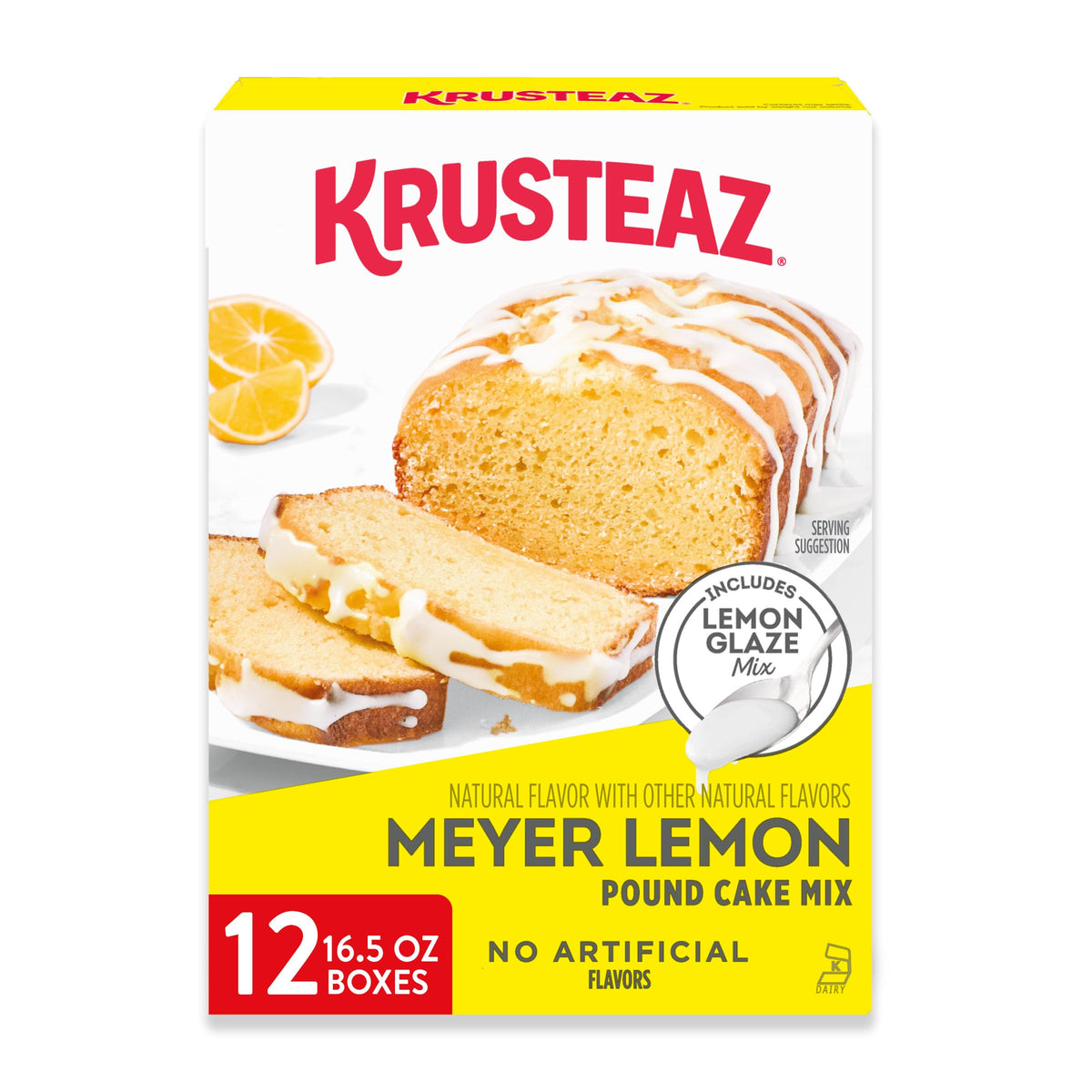 Krusteaz Meyer Lemon Pound Cake Mix Box ready for easy dessert prep.