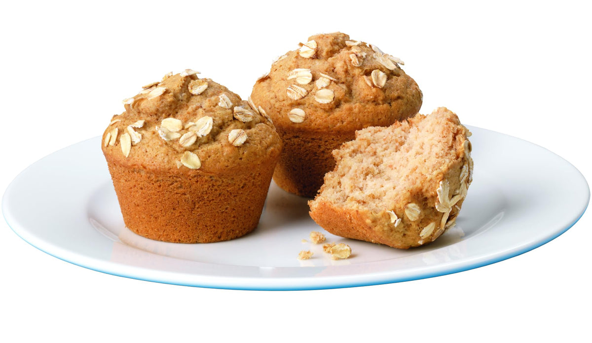 Krusteaz Muffin Mix Oat Bran in oven for wholesome muffins.