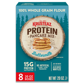 Krusteaz Protein Buttermilk Pancakes – fluffy-stack presentation for a satisfying breakfast.