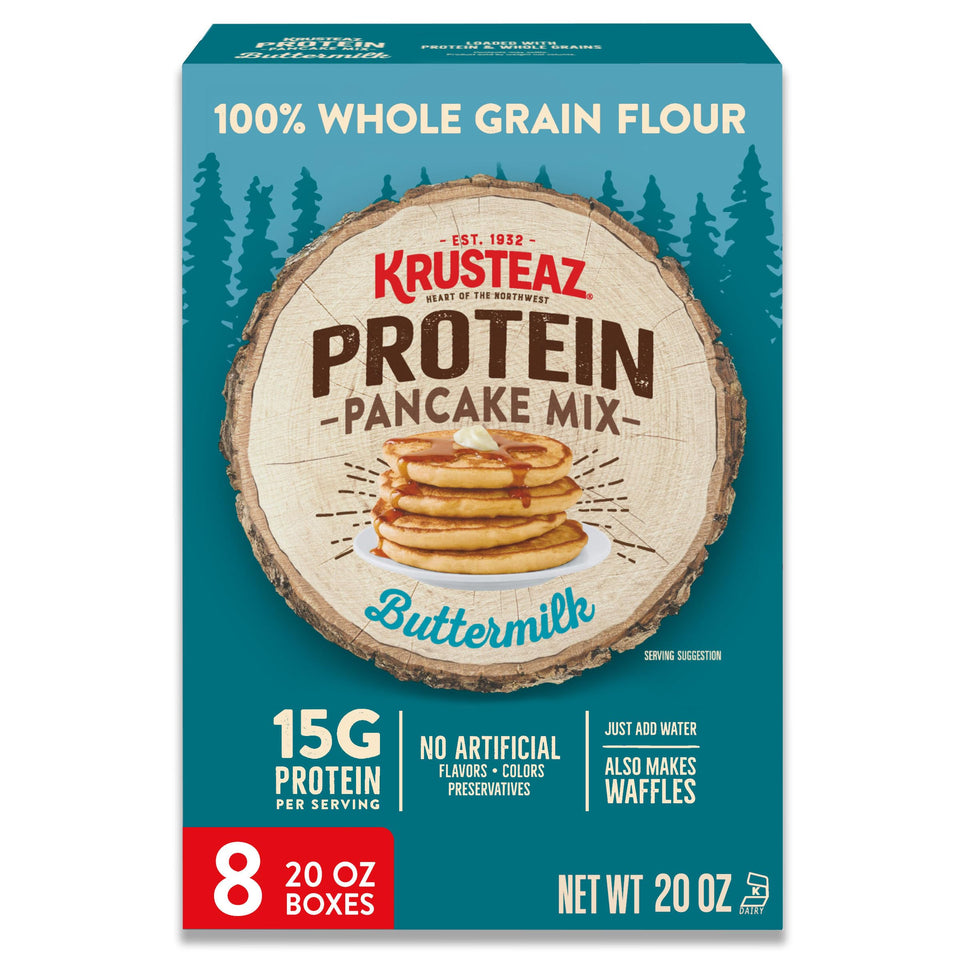 Krusteaz Protein Buttermilk Pancakes – fluffy-stack presentation for a satisfying breakfast.