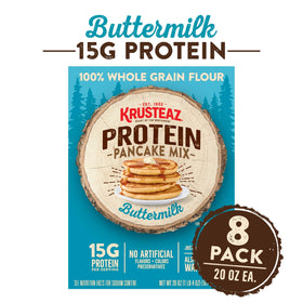 Krusteaz Protein Pancake Mix – batter-prep scene for quick, simple mornings.