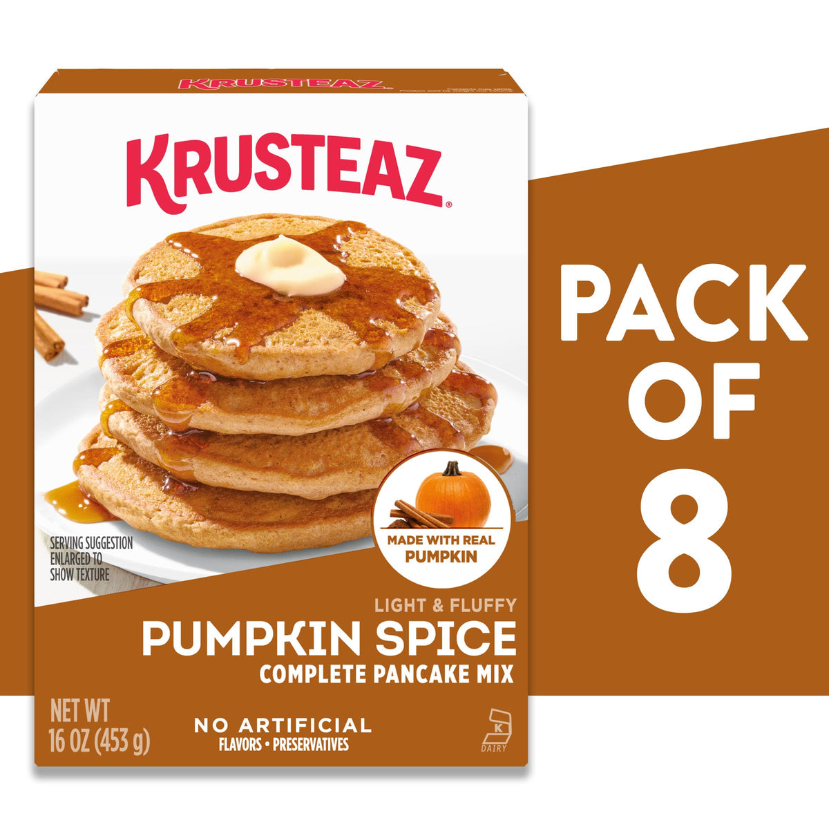 Krusteaz batter in a bowl ready to whisk into pumpkin-spice pancakes.